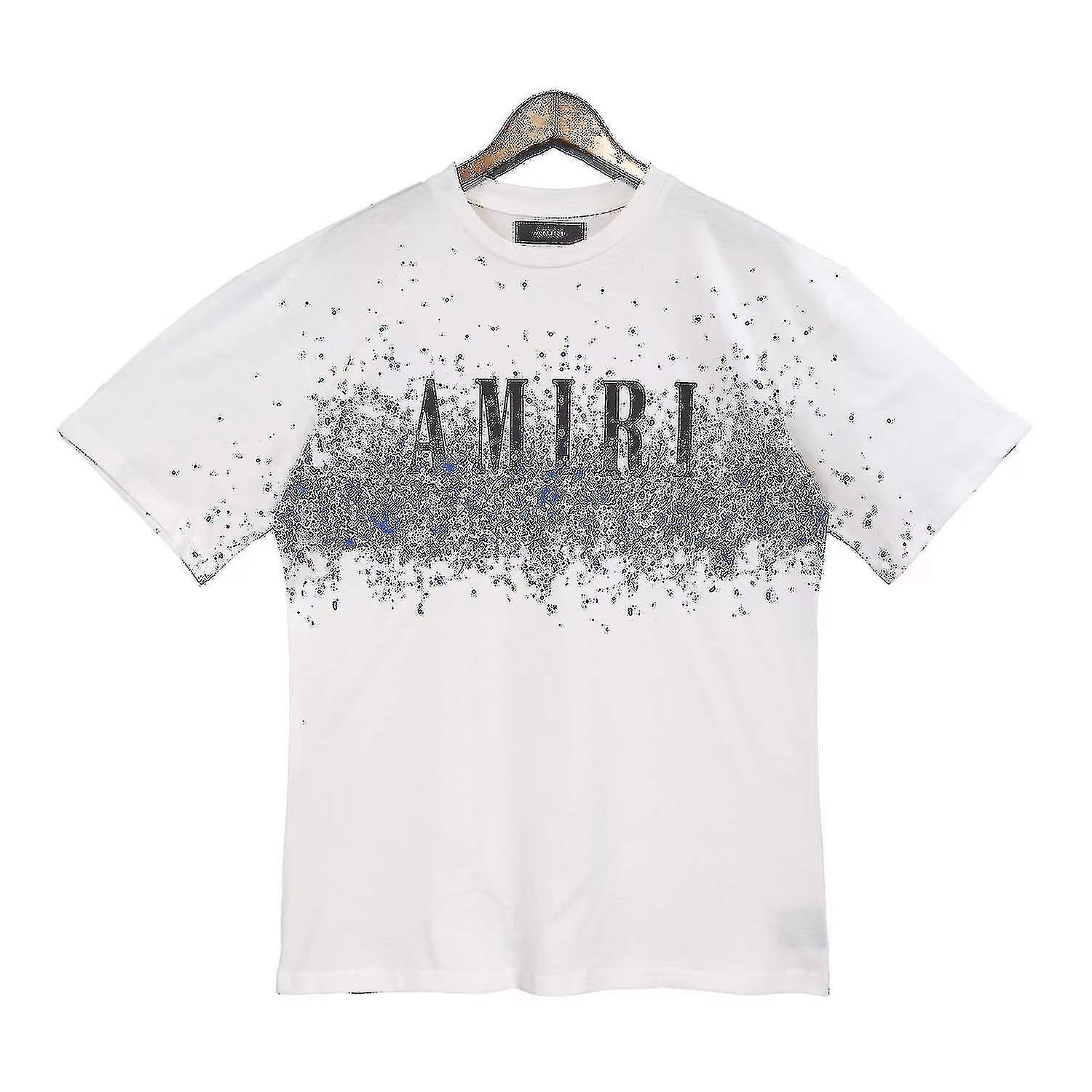 Mingerda Amiri European And American Tide Brand Star-sprayed Letters Short-sleeved Casual Loose Men"s And Women"s Same Cotton T-shirt White L