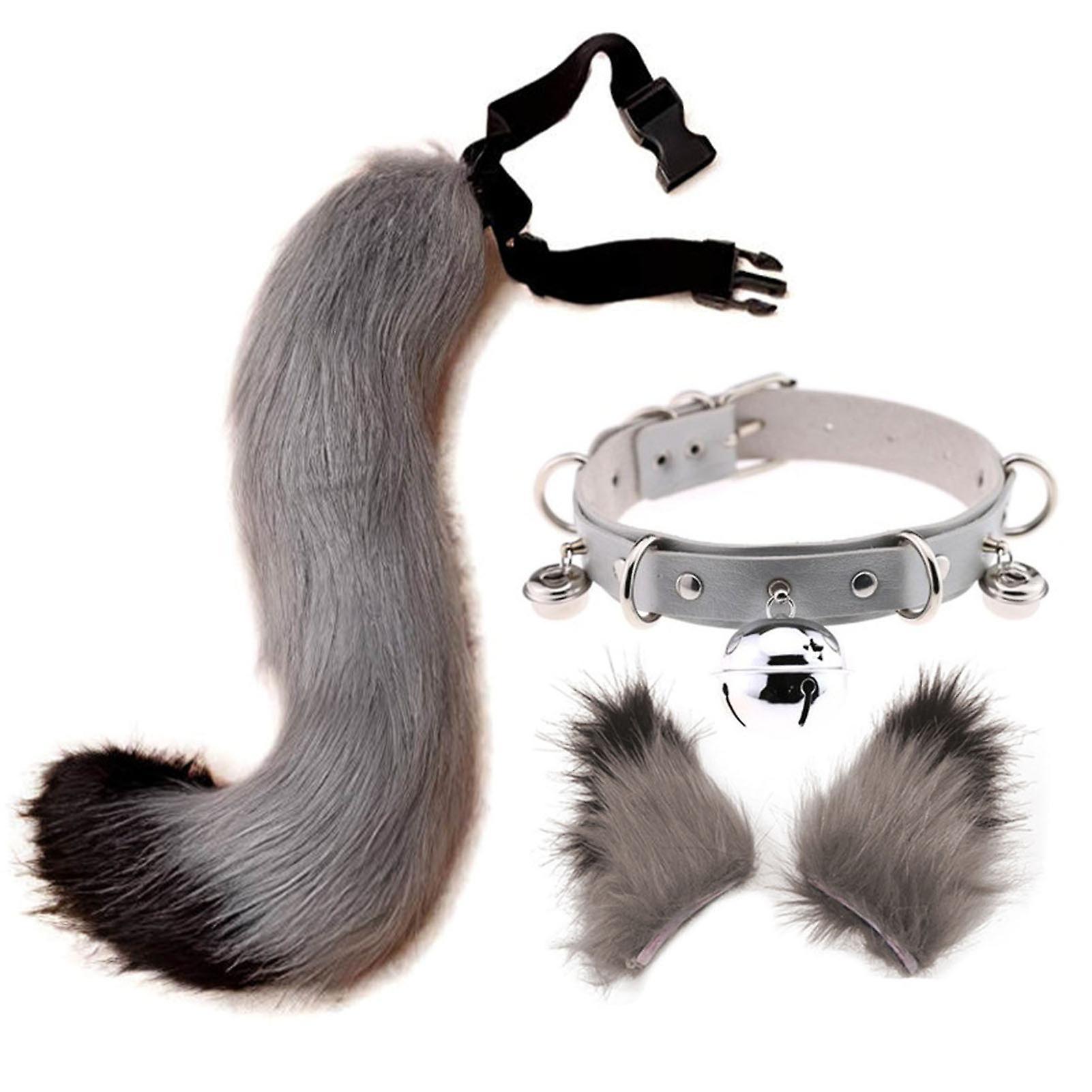 Sinknap Hair Clips Cocker Tail Animal Element Adjustable Faux Fur Solid Wolf Tail Ears Collar For Cosplay Grey