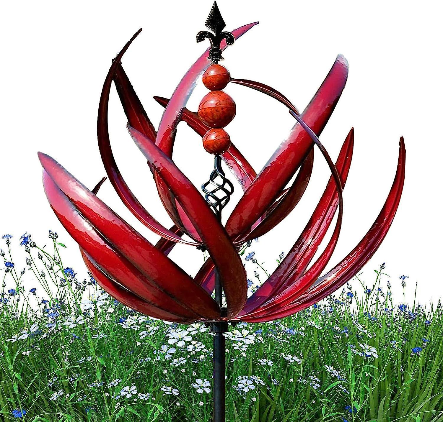 Frusde Outdoor Wind Spinners For Garden, Harlow Wind Spinner Rotator, Wind Spinner Windmill With Metal Garden Stake, Dynamic 3d Lotus Windmill Red