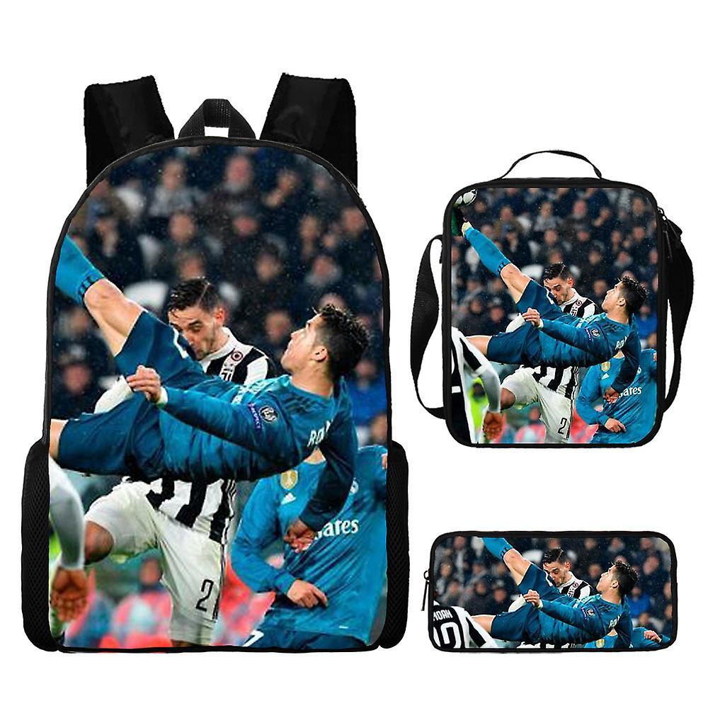 Sszfv Soccer Star Ronaldo Backpack Printing Three-piece Children's Schoolbag Primary And Secondary School Students Backpack Lunch Bag Pencil Case