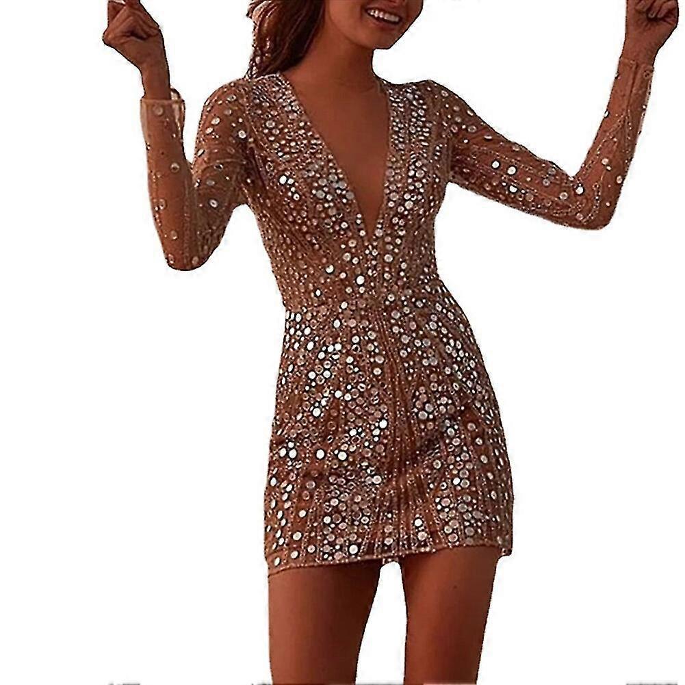 Dilande Luxury Sequin V-neck Bodycon Party Dress For Women gold S