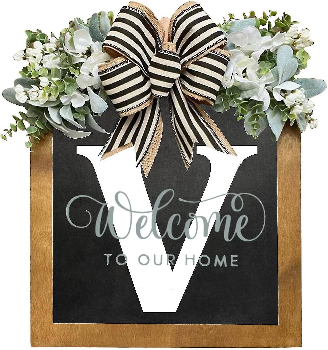 Tianzun Unique Last Name Year Round Front Door Wreath With Bow, 16" Welcome Sign Garland Creative 26 Letter Farmhouse Wreath V