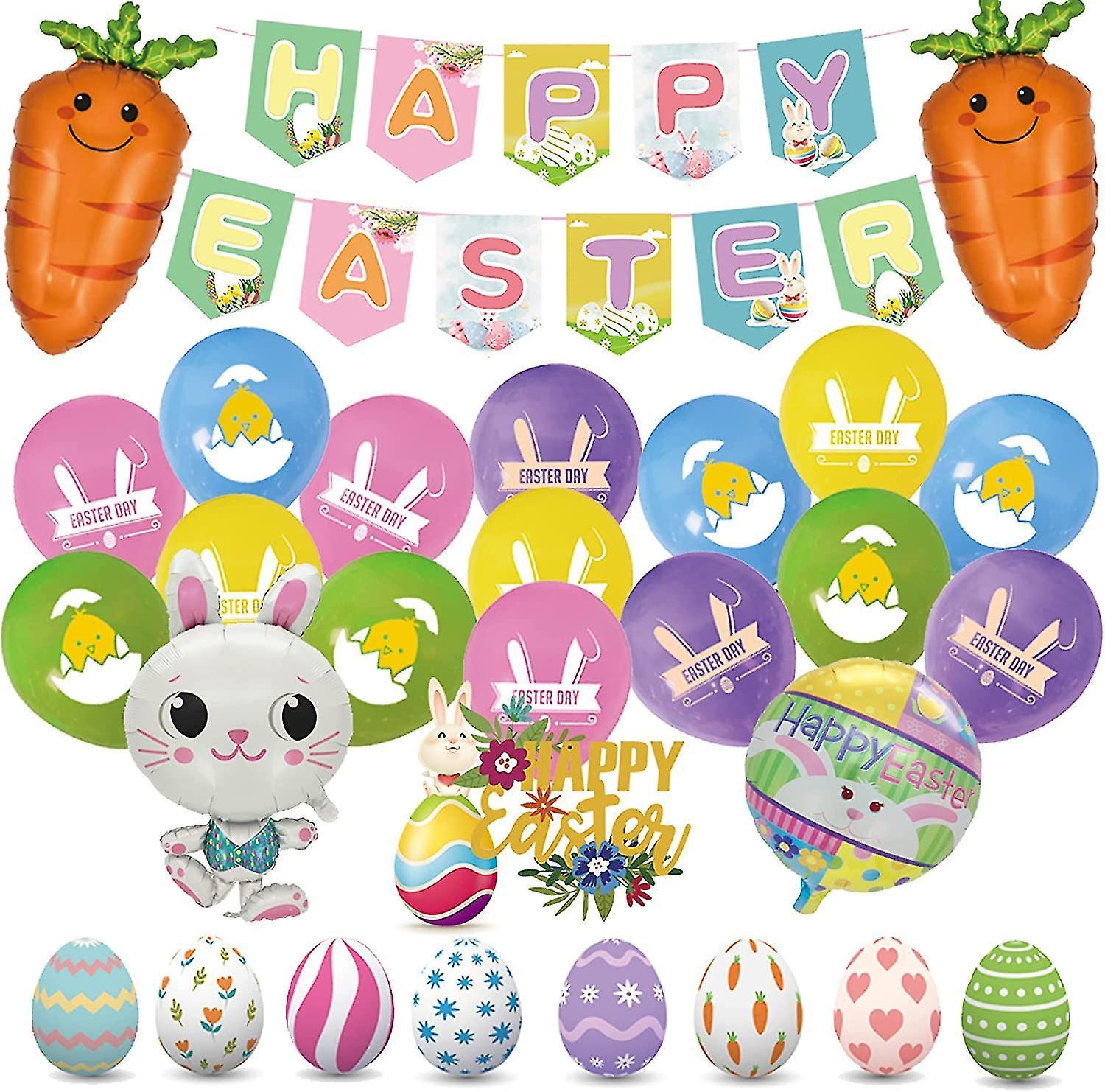 Tianzun Easter Decorations Balloons Happy Easter Banner Easter Eggs Cake Toppers Cute Bunny Carrot Foil Balloon