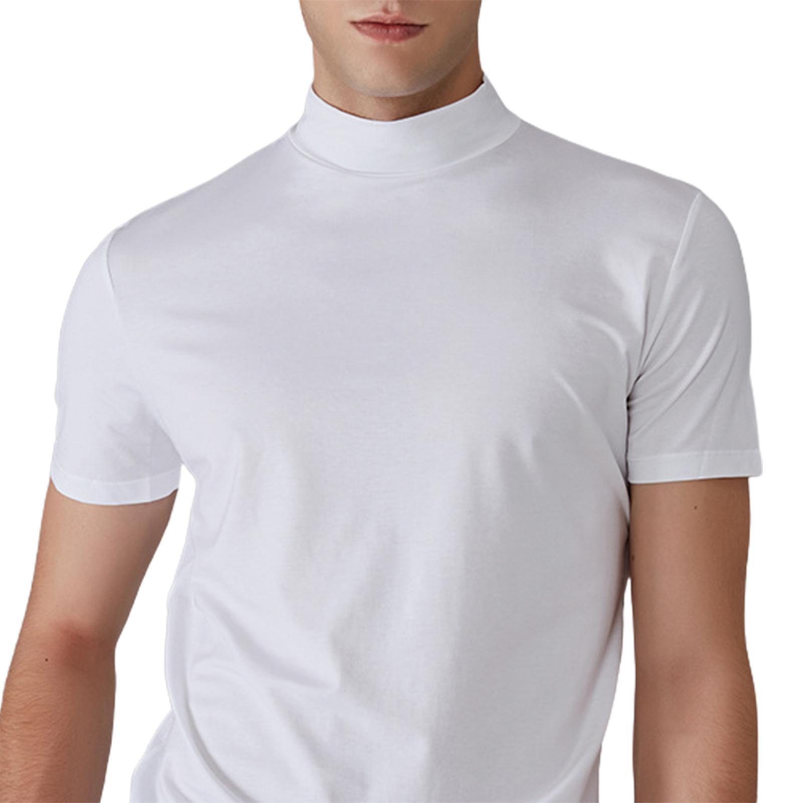 Fianao Men Half High Collar Slim Fit T-shirt Summer Casual Short Sleeve Solid Color Elastic Thin Pullover Tee Shirt White L