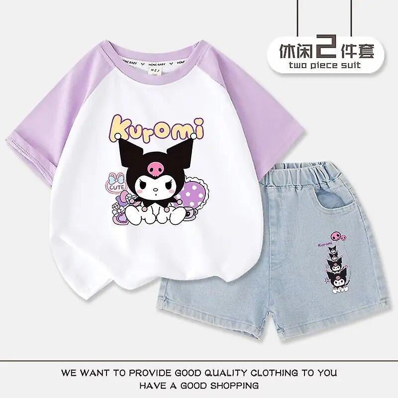 Aionyaaa Sanrio Anime Kawaii Kuromi Kids Set Cute Cartoon Summer New Girls Short Sleeve T-shirts Denim Shorts Loose Casual Tops Gift 130 B purple