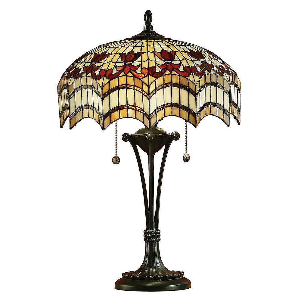 Interiors 1900 Lighting Vesta 2 Light Medium Table Lamp Dark Bronze, Tiffany Glass, E27