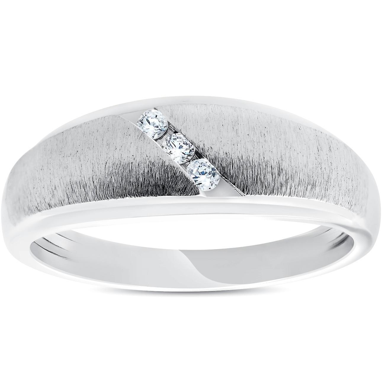 Pompeii3 Mens 1/10ct Three Diamond Brushed Wedding Ring 10k White Gold Anniversary Band 10