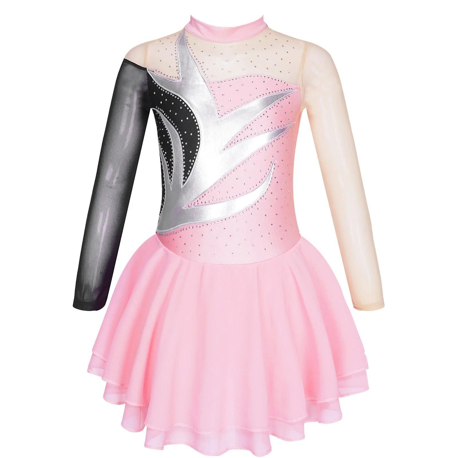 Aionyaaa Kids Long Sleeve Figure Skating Dress Girls Ballet Gymnastics Dance Leotard Dress Child Rhinestone Patchwork Ice Skating Costume 6 Pink