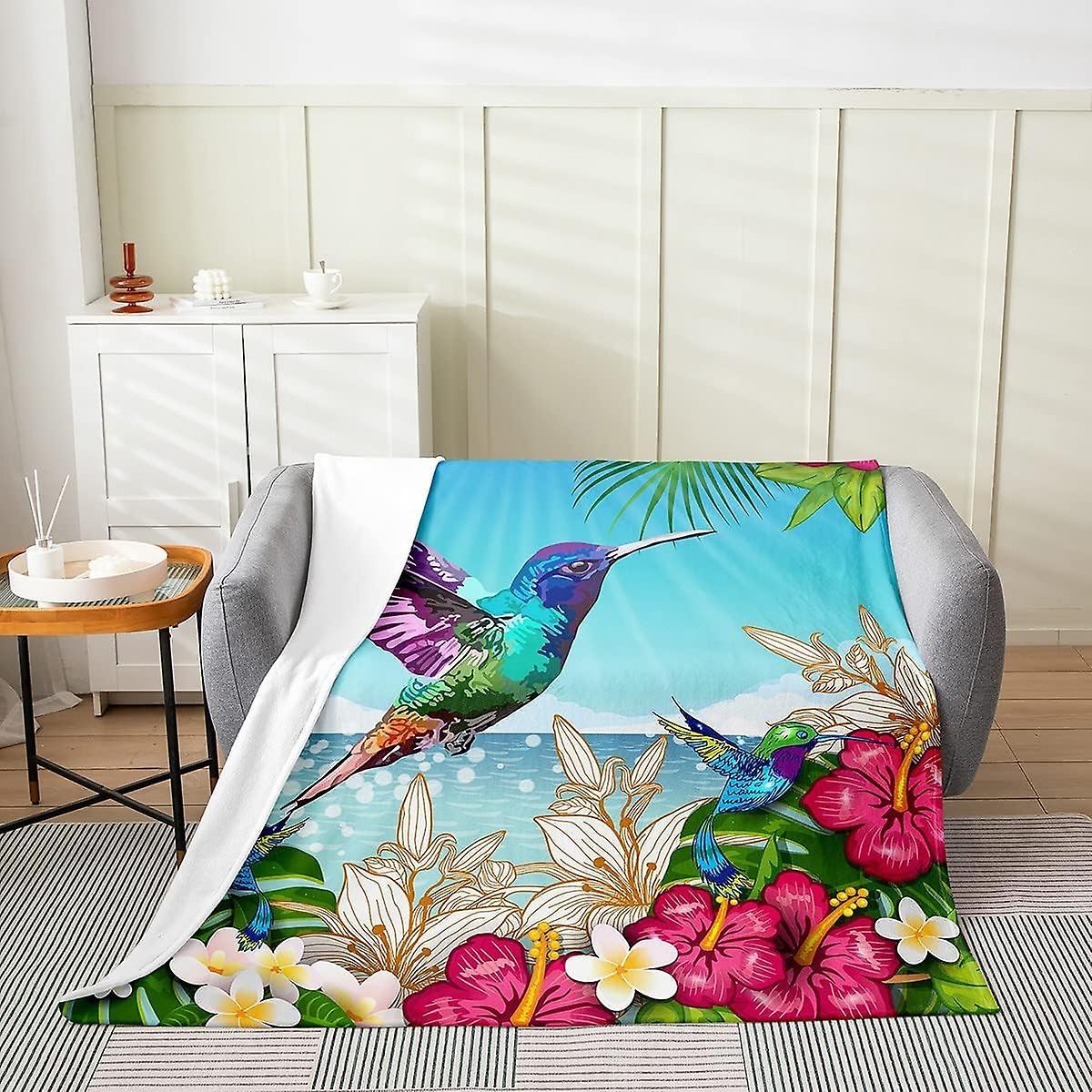 Kerota Hummingbird Flannel Fleece Throw Blanket,All Season Tropical Birds Bed Blanket Hummingbird Flowers Blue Fuzzy Blanket For Bed Sofa,Bedroom F...