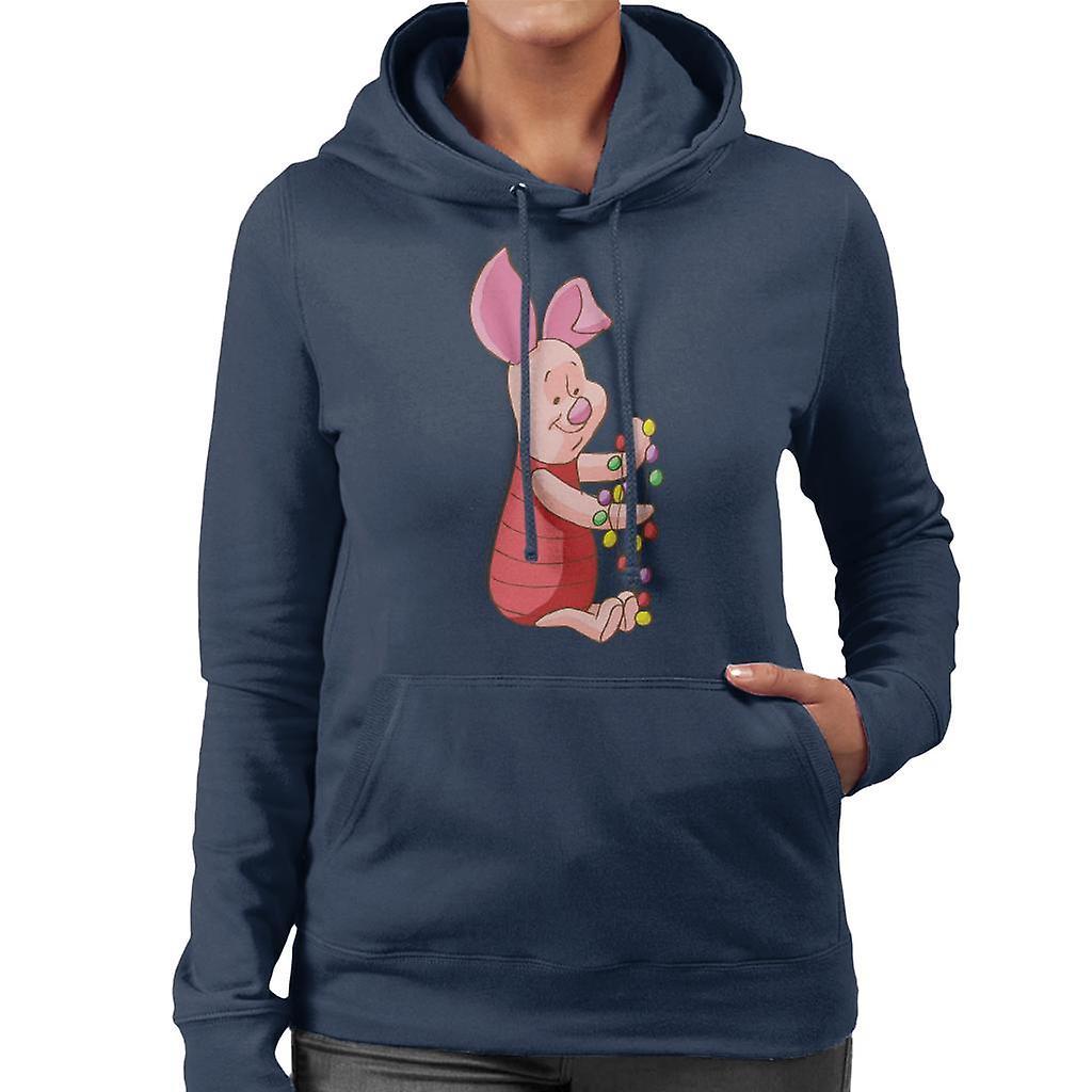 Disney Christmas Piglet Holding Festive Lights Women's Hooded Sweatshirt Navy Blue XX-Large