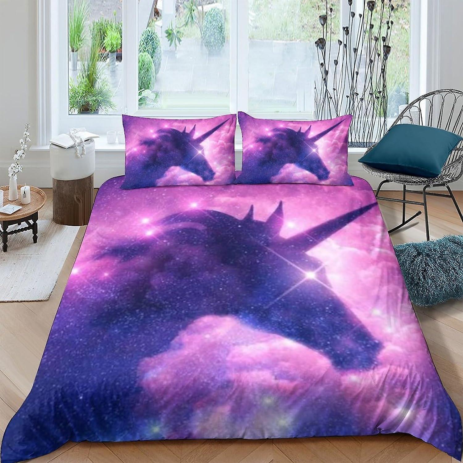 Kerota Unicorn Duvet Cover, Purple Unicorn Themed Bedding Sets, with Pillowcases Microfiber Duvet Cover Sets (King) 135*200 CM Double200x200cm