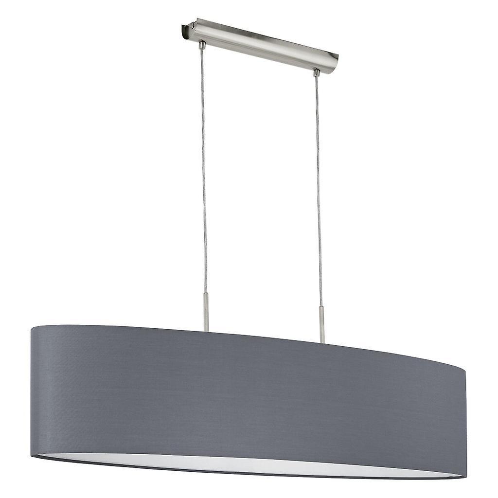 Eglo Lighting Pasteri 2 Light Ceiling Pendant Bar Satin Nickel with Grey Fabric Shade, E27