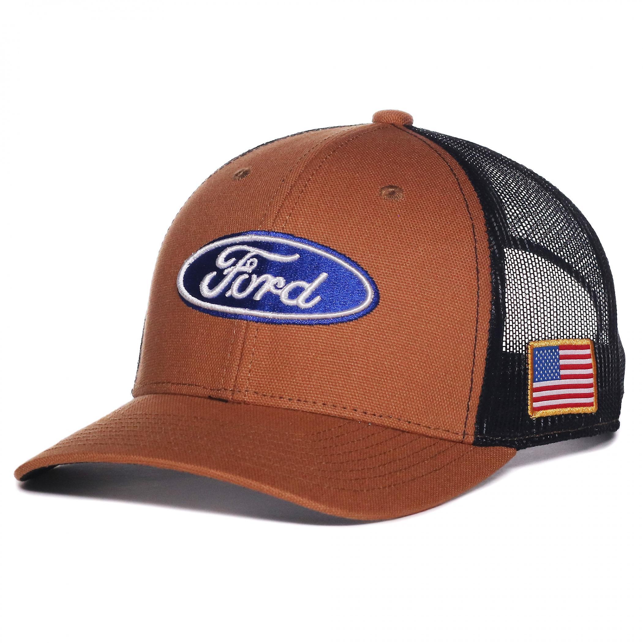 Pop Culture Ford Logo Raised Stitched Patch Pre-Curved Adjustable Trucker Hat Brown