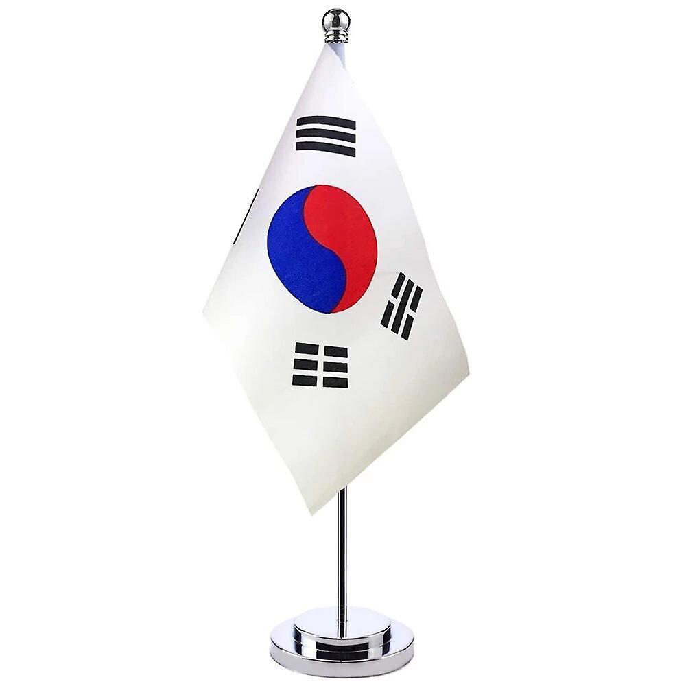 Scitoo 14x21cm Office Desk Flag Of Korea Banner Boardroom Table Stand Pole Stick The Taegeukgi Cabinet Flag Set Meeting Room Decor Korean Silver Color