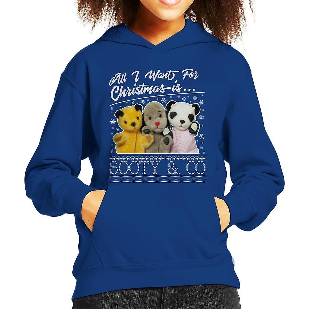 Sooty Christmas All I Want For Christmas Is Sooty And Co Kid's Hooded Sweatshirt Royal Blue Medium (7-8 yrs)