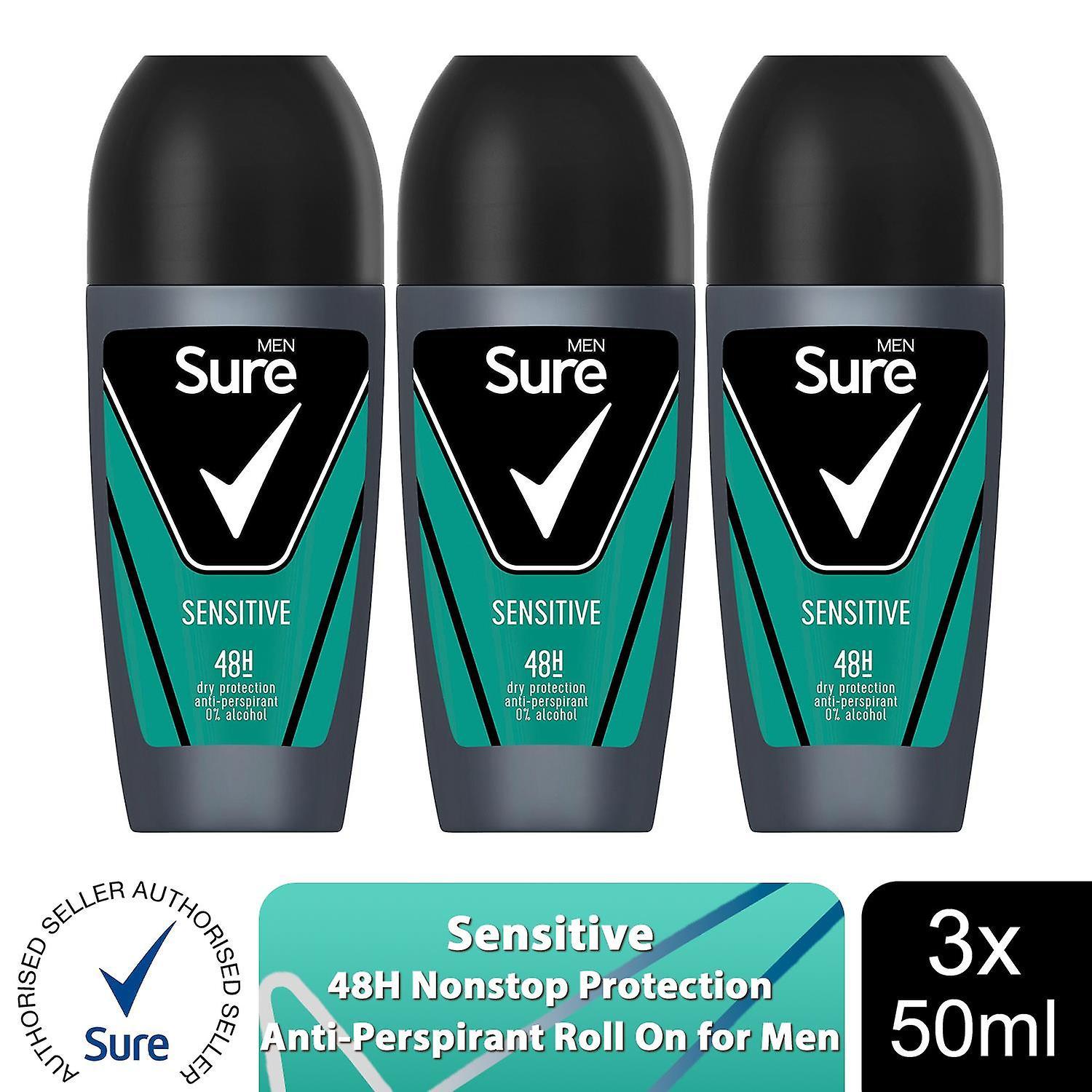 Sure Men Sensitive Antiperspirant Roll On 48H Sweat & Odour Protection, 3x50ml