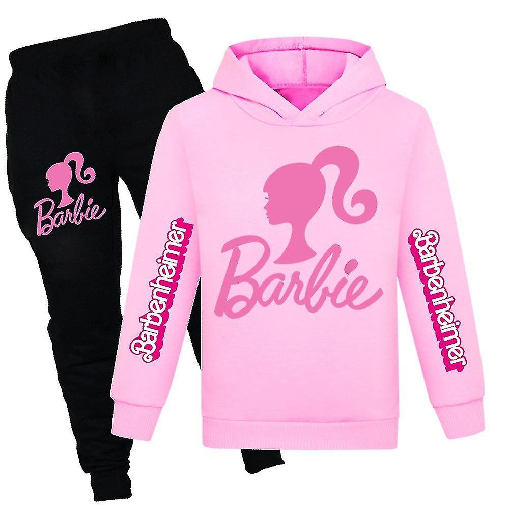 Lequeen 7-14 Years Kids Teens Boys Girls Barbie The Movie Hoodies Tracksuit Hooded Tops + Pants Outfits Set Gifts2023 Pink 11-12Years