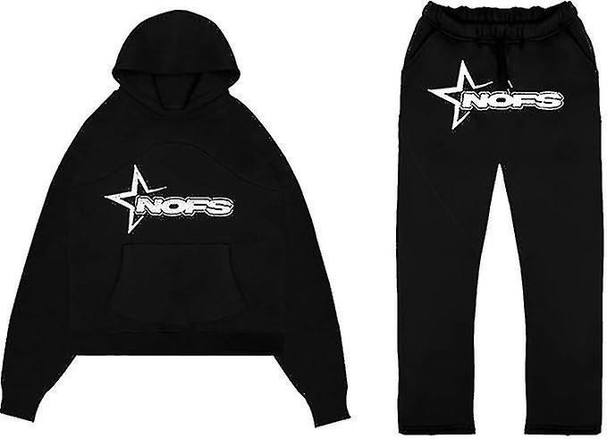 Sszfv Tracksuit Mens Y2k Loose Casual Jogging Suit Nofs Printed Streetwear Hoodie Sweatpants Set BLACK M