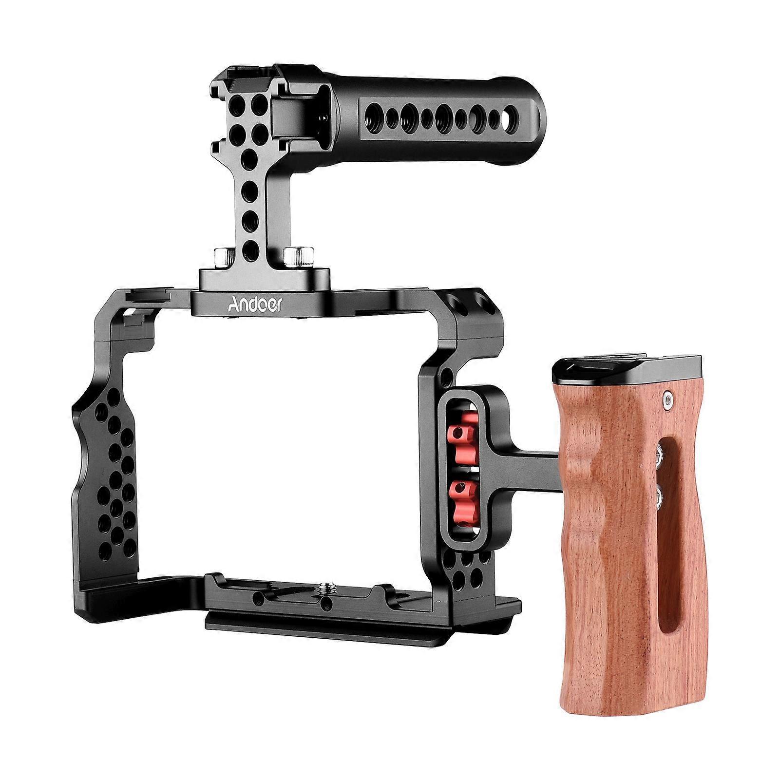 Andoer Aluminum Alloy Camera Cage Kit with Video Rig Top Handle Wooden Grip Replacement for Sony A7R III/ A7 II/ A7III Black