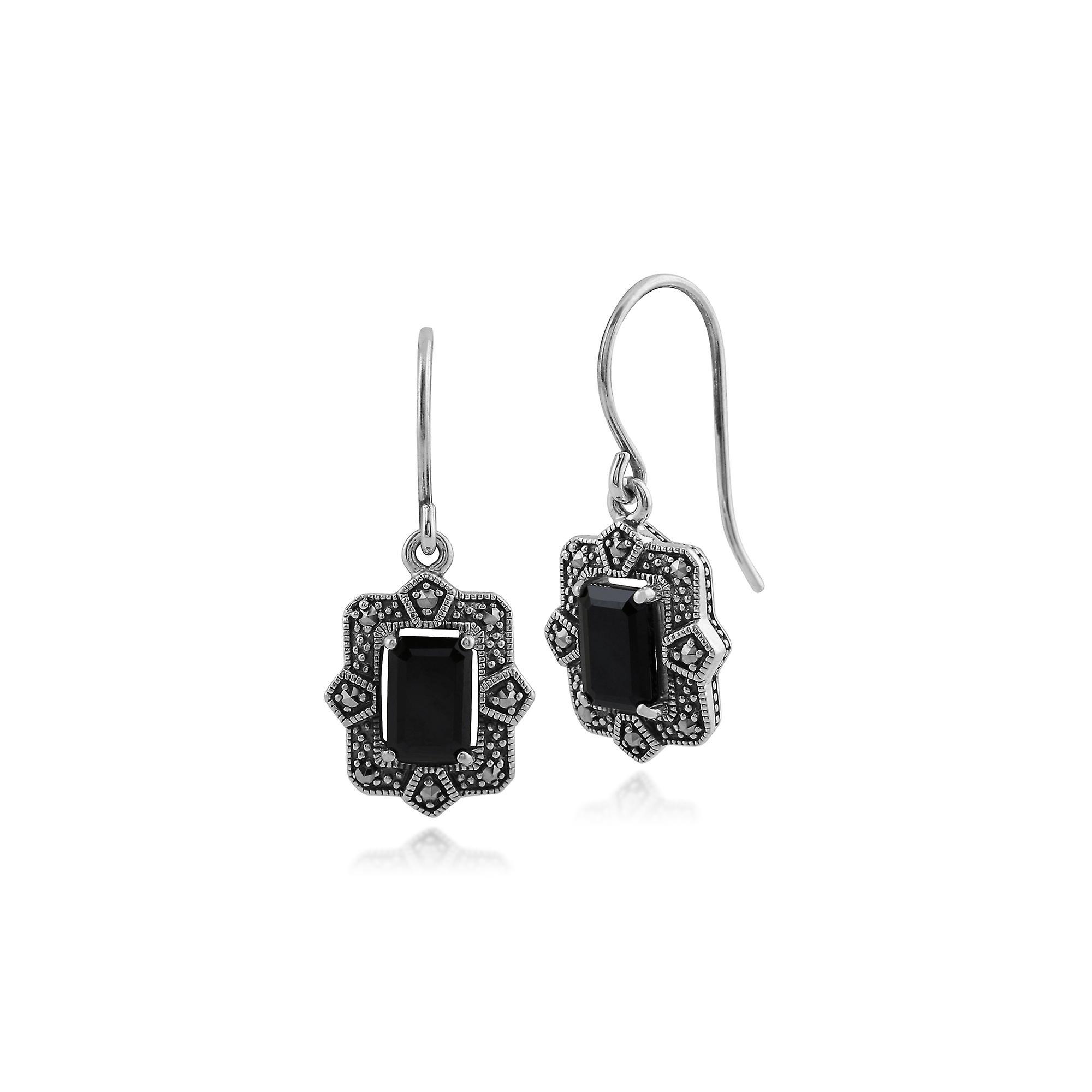 Gemondo Art Deco Style Octagon Black Spinel & Marcasite Drop Earrings In 925 Sterling Silver 214E850301925 One Size