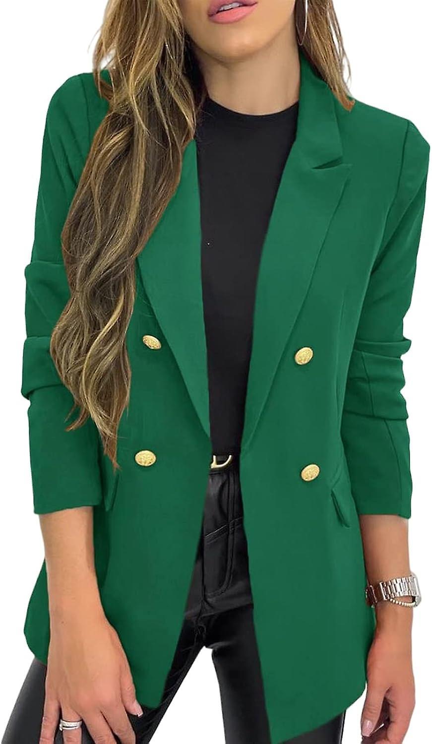 Wfuo Women's Casual Blazer Solid Color Cardigan Blazer Business Office Button Jacket Suit Green L