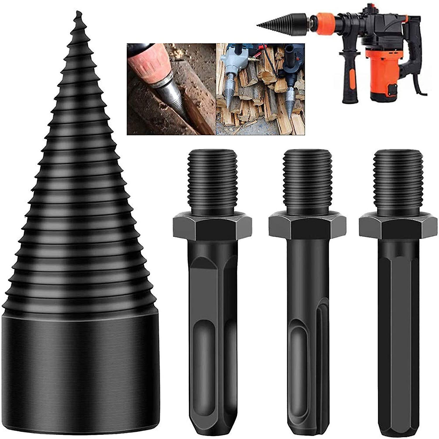 Heyone Firewood Log Splitter Drill Bit,3pcs Removable Cones Kindling Wood Splitting Logs Bits Heavy Duty Electric Drills