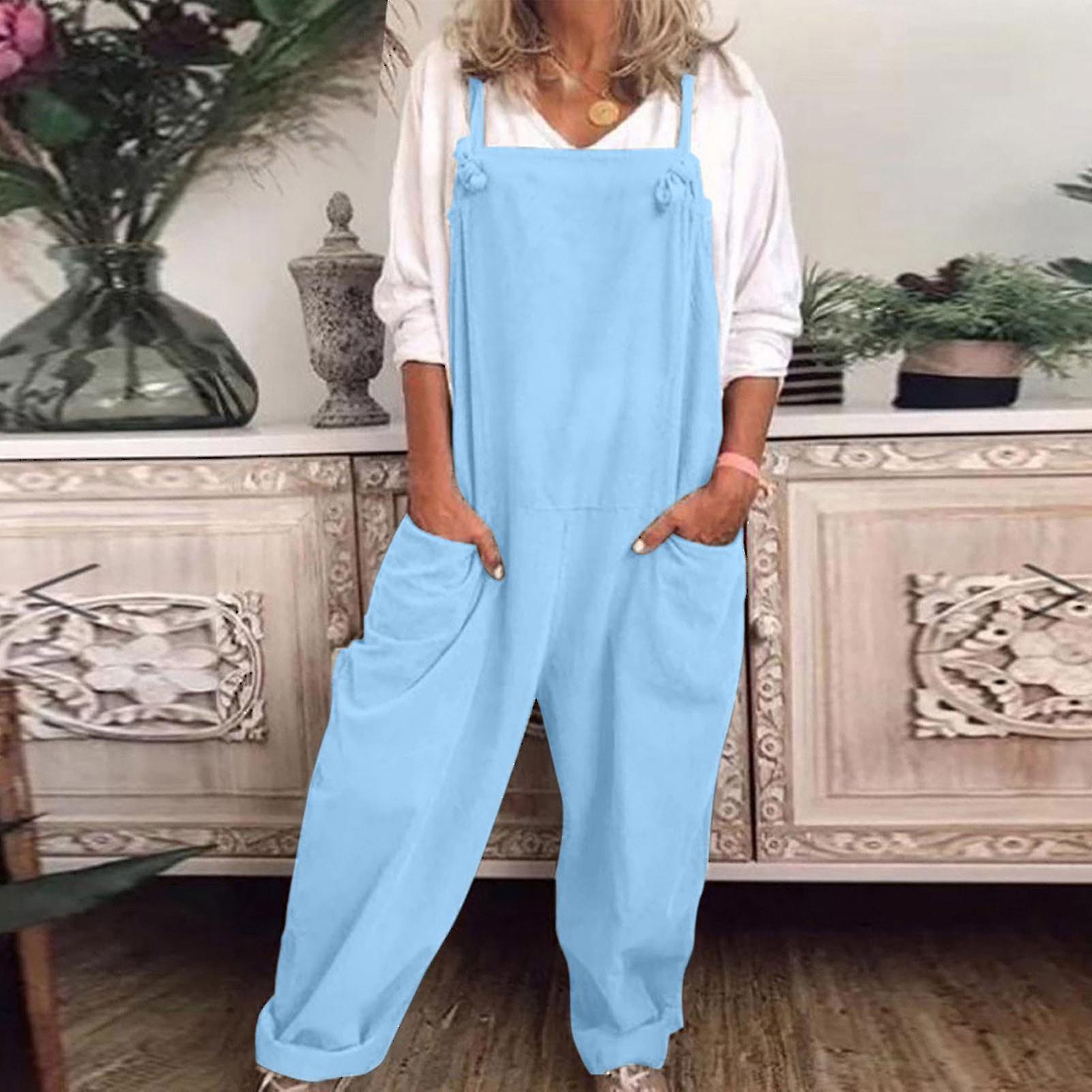 Cryin Womens Overalls Casual Loose Dungarees Romper Baggy Playsuit Cotton And Linen Jumpsuit Light Blue XL