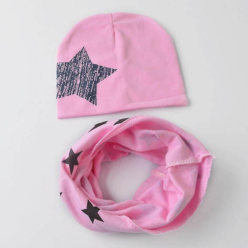 Slowmoose Winter Spring Baby Hat Scarf Set- Cotton Baby Cap Star Print Kids Hats, Newborn big star pink