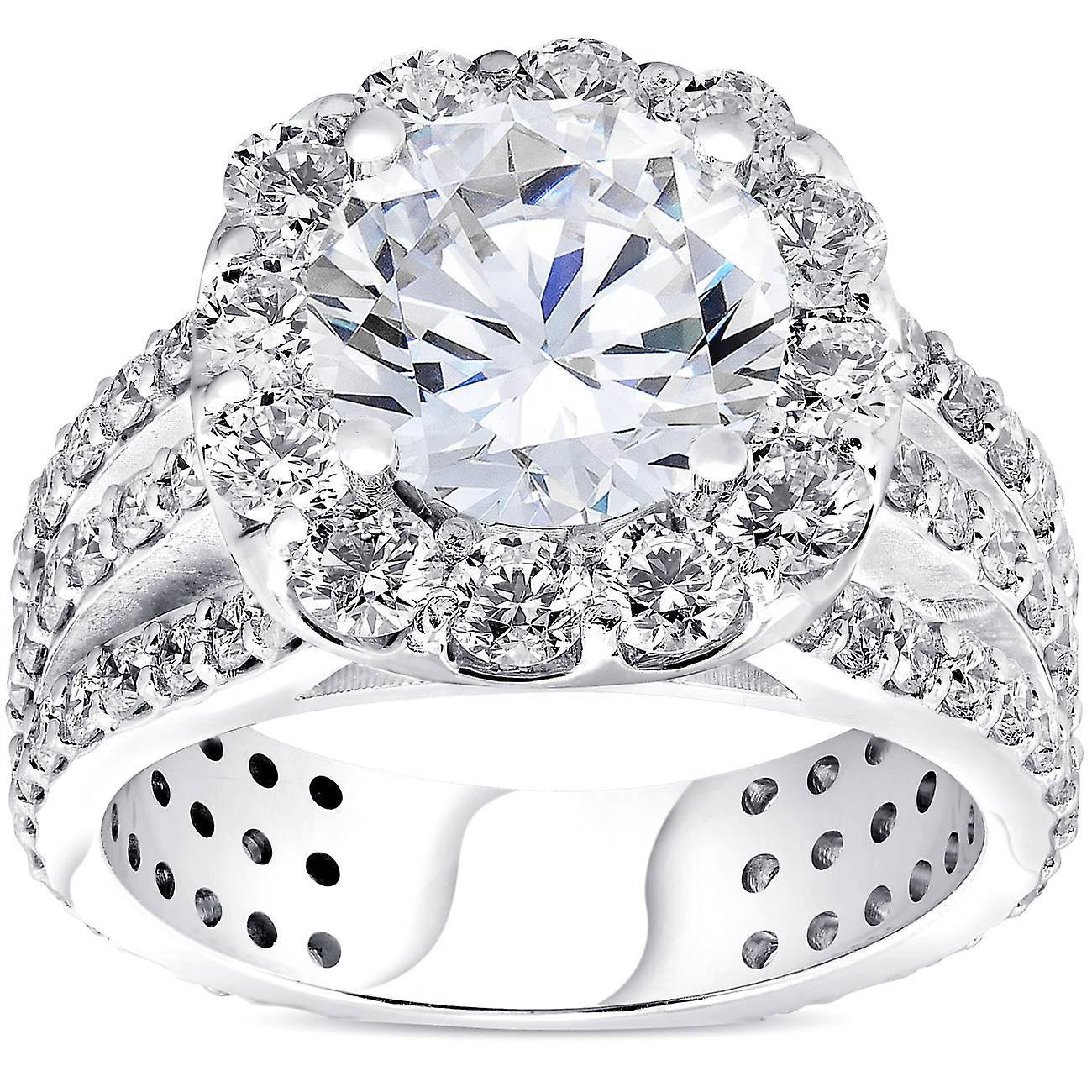 Pompeii3 4 1/2ct Cushion Halo Diamond 3-Row Engagement Ring 14k White Gold 6