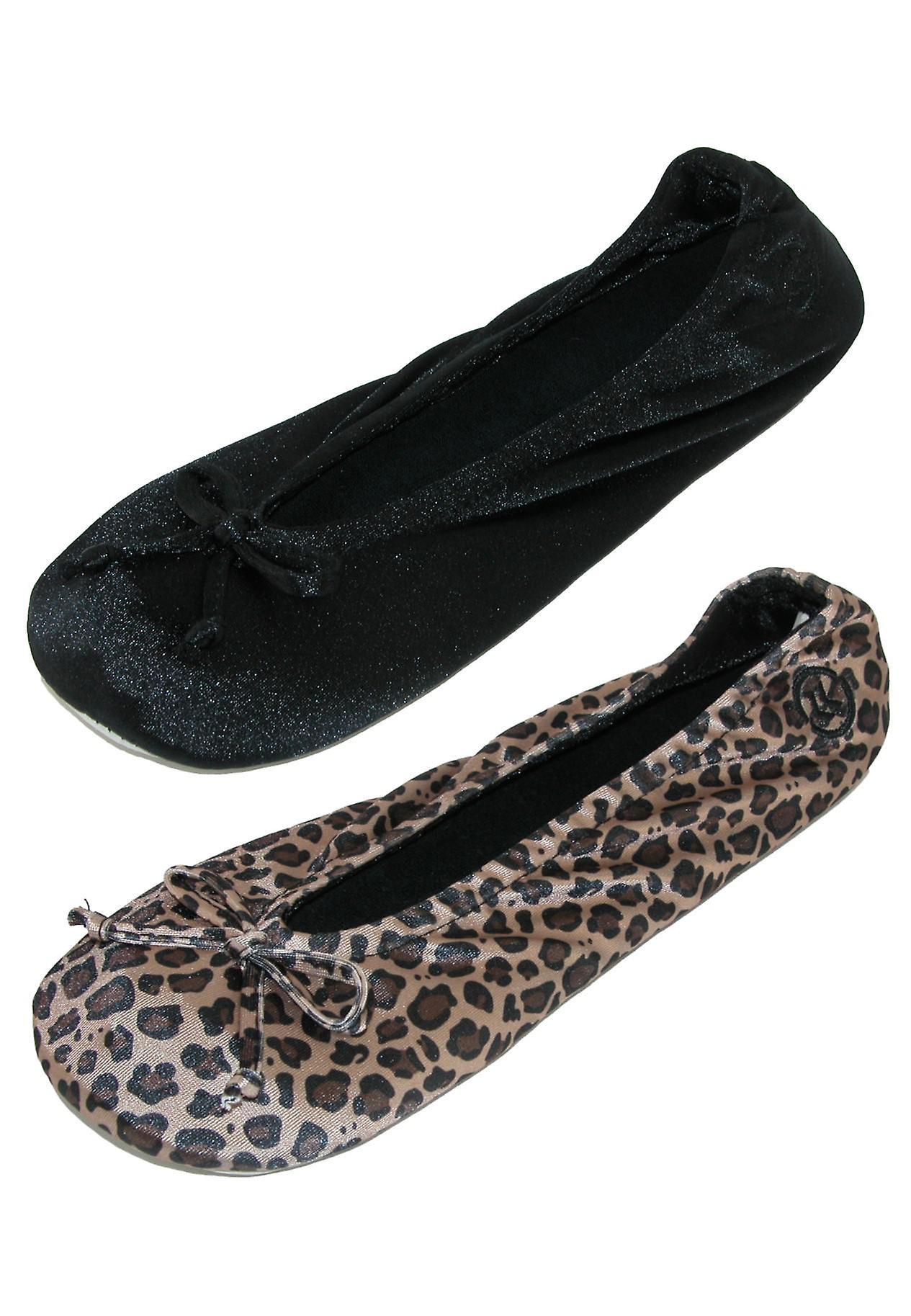 Isotoner  Satin Classic Ballerina Slippers (Pack of 2) (Women) Black and Cheetah Medium