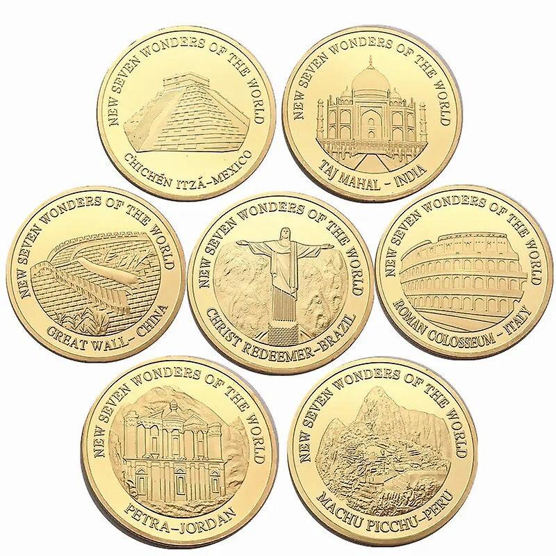 Ninesun 7pcs/set Seven Wonders Of The World Gold Plated Commemorative Coins Famous Buildings Collectible Art Gift Lucky Coin Metal 2007 7 COINS SET