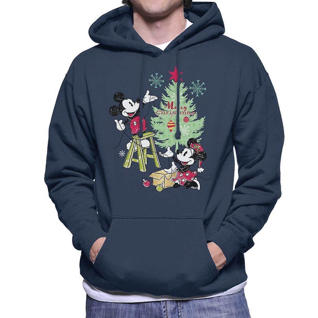 Disney Christmas Mickey And Minnie Mouse Decorating Men's Hooded Sweatshirt Navy Blue Medium