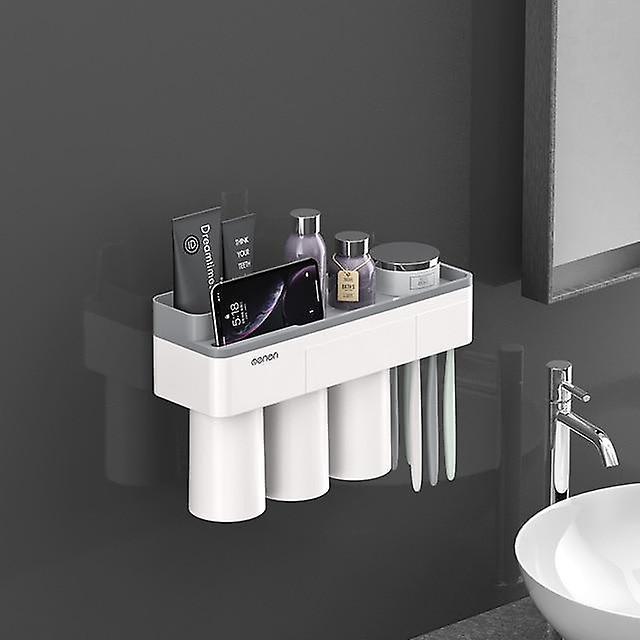 Slowmoose Magnetic Adsorption Toothbrush Holder - Wall Mount Bathroom Accessories Gray 3 Cups