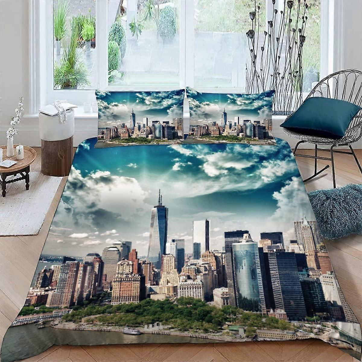 Kerota New York Bedding Set Duvet Cover 200x200 2 People 3D Zipper Soft Breathable Microfiber 3 Pieces Architecture Landscape Manhattan Bedding Sui...