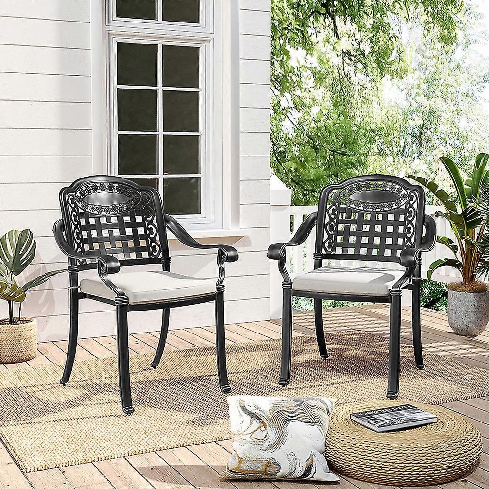 Living And Home 2PCS Metal Garden Chairs Outdoor Dining Chairs with Cushions Cast Aluminum Black