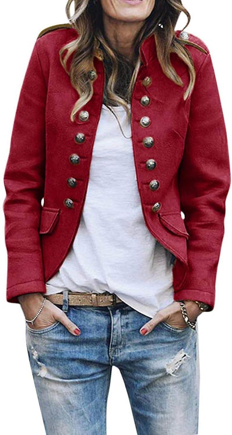 Wfuo Women's Cardigan Jacket Suit Blended Double Breasted Military Blazer Short Business Casual Jacket Red M