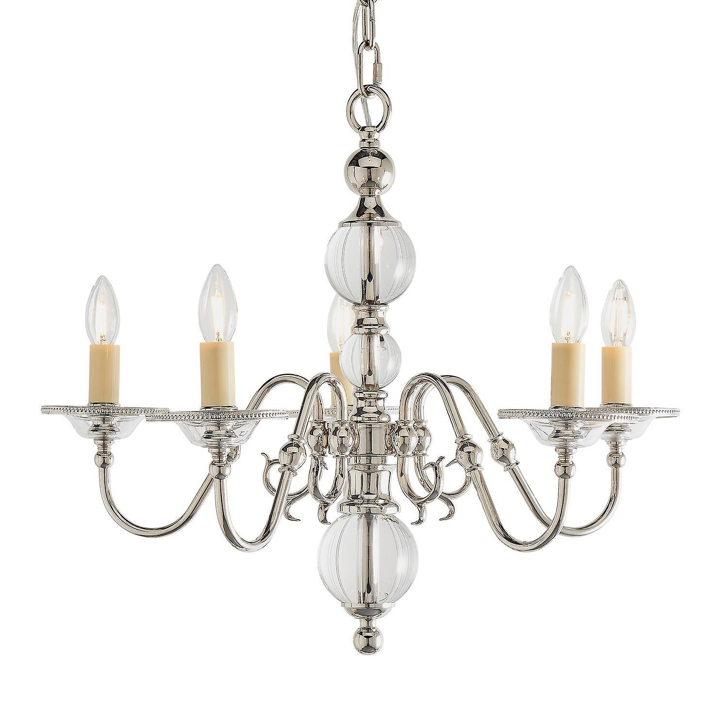 Tilburg 5 Light Multi Arm Ceiling Pendant Chandelier Polished Nickel Clear Crystal E14