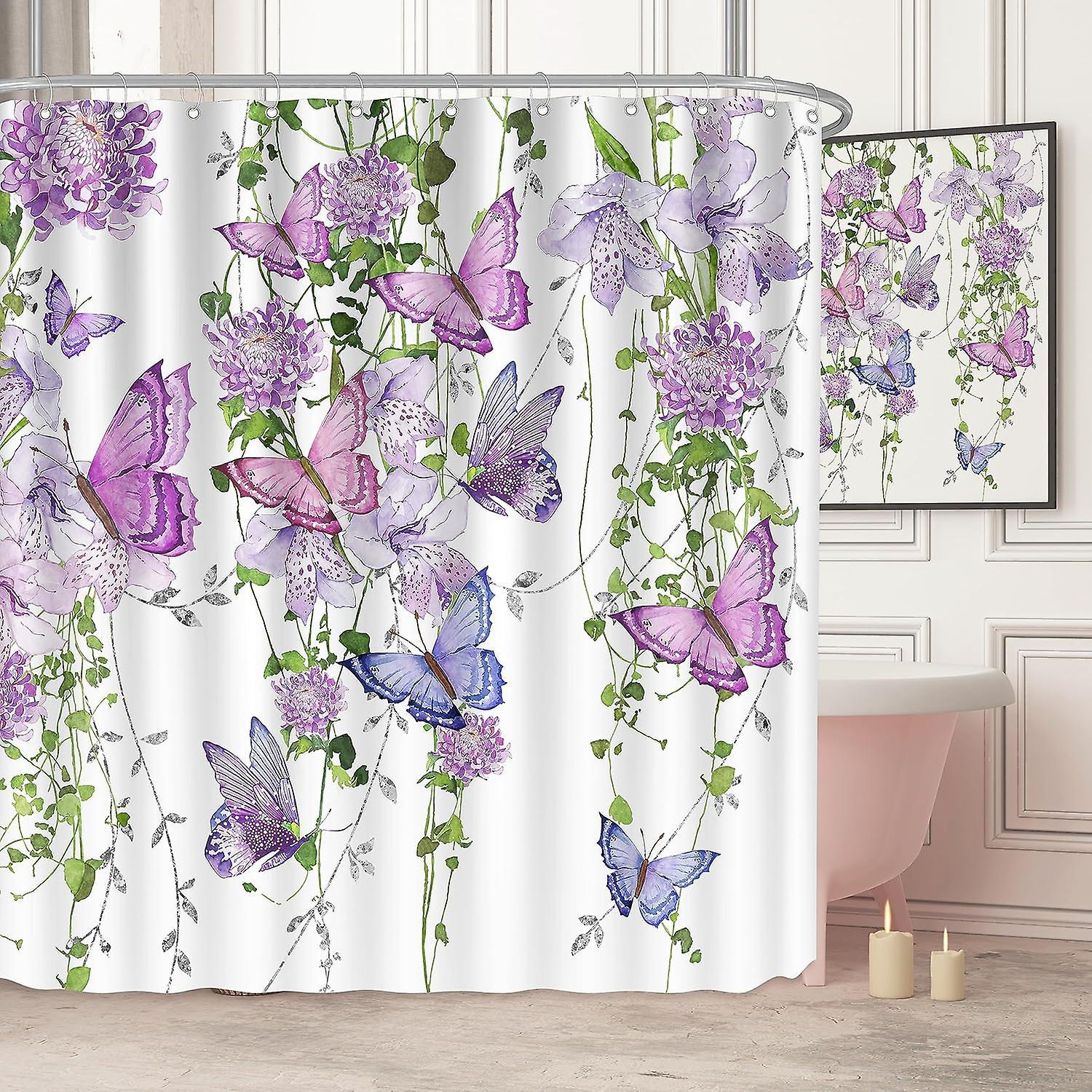 Ubiuo Purple Shower Curtain Butterfly Shower Curtains For Bathroom, Summer Shower Curtain Lavender Lilac Pink Floral Shower Curtain With 12 Hooks, ...