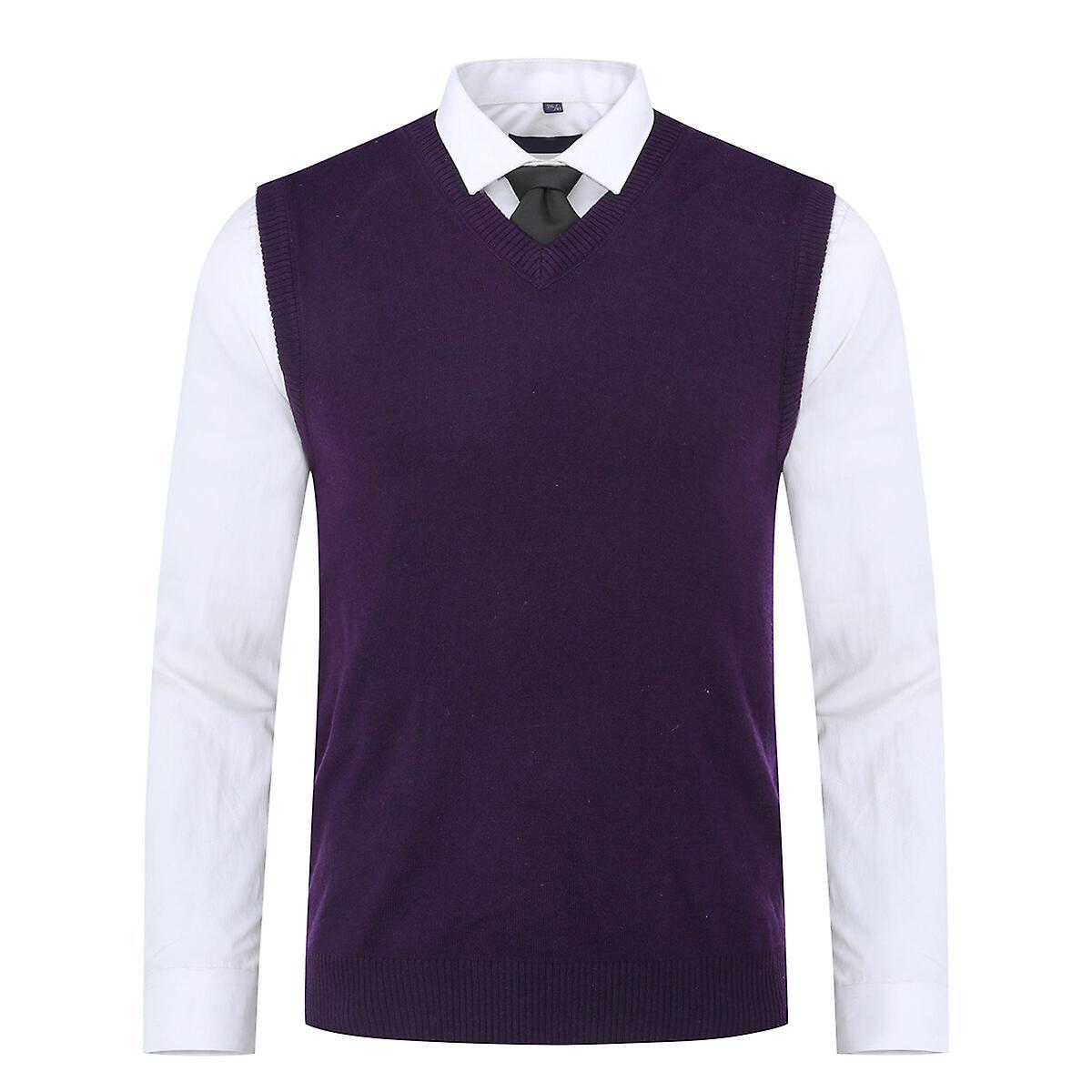 Sliktaa Mens Slim Fit V-Neck Sweater Vest Pullover Purple L