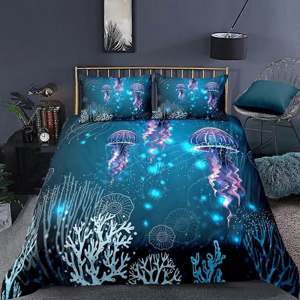 Kerota Bedding Sets Children Jellyfish Bedding Set with Microfibre Duvet Cover and Pillowcase, Digital Print D 135*200 CM Single135x200cm