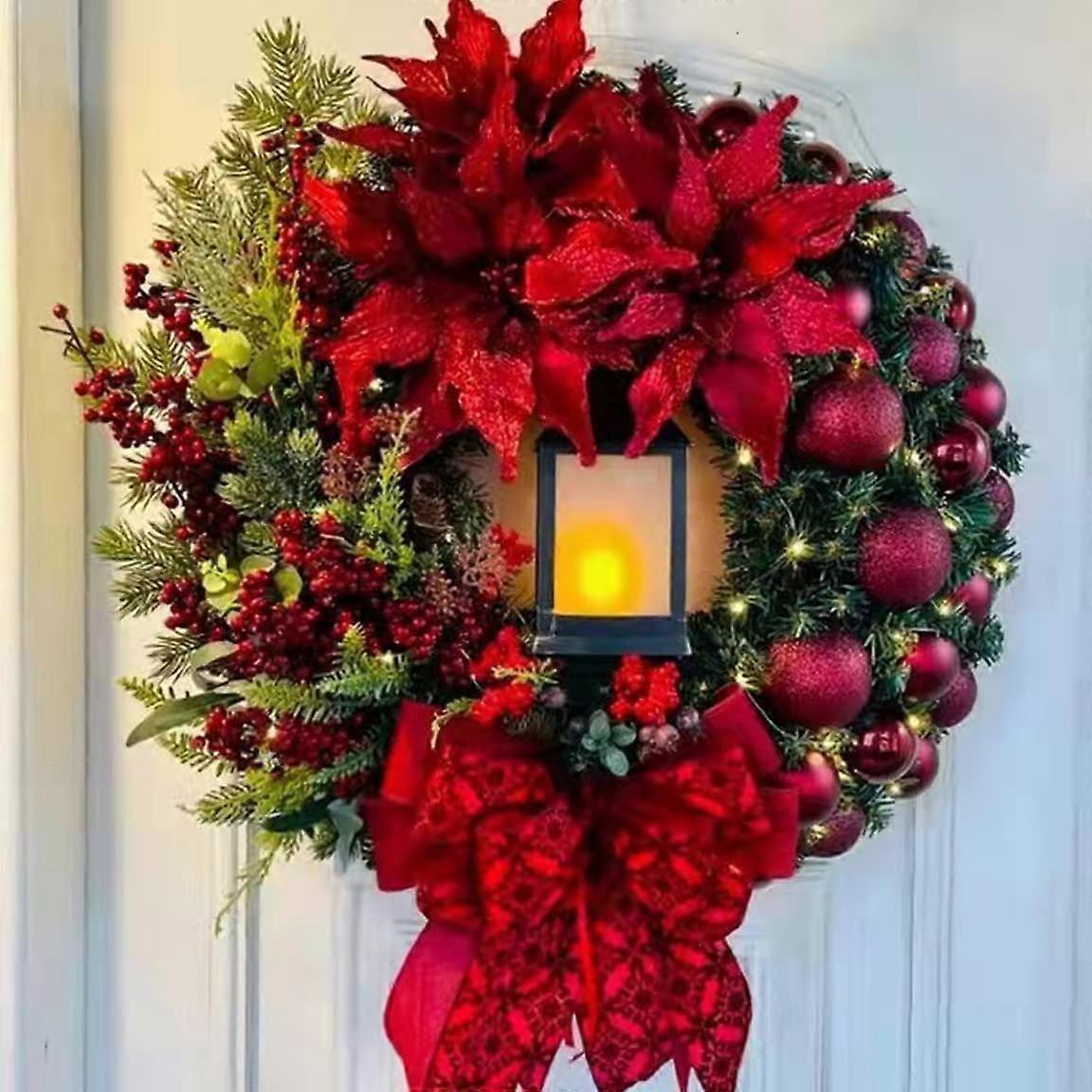 Mintian Christmas Wreath for Front Door, 40 cm Door Wreaths and Lantern, Baubles, Berries and Bows, Artificial Christmas Garland Holiday Festival D...