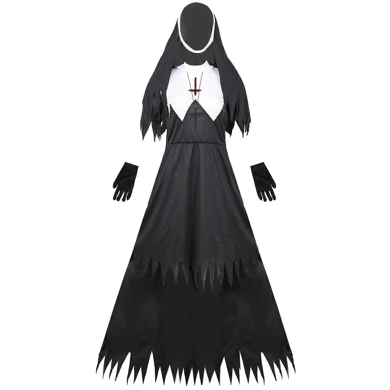 unbrand Women Plus Size Scary Nun Costume Halloween Vampire Demon Costume for Carnival Masquerade Wear Black L