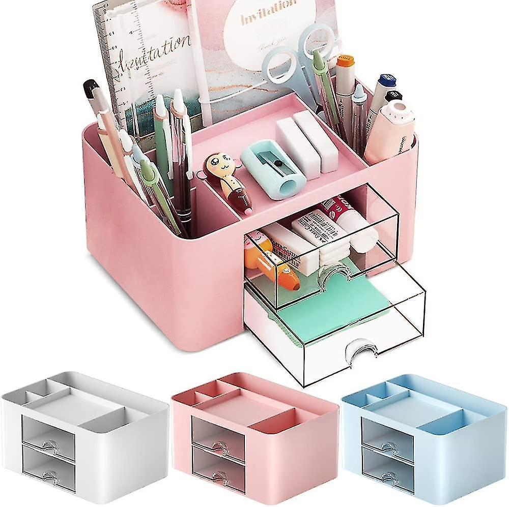 Tianzun Desk Organiser, Plastic Table Organiser With Drawer, Pen Holder For Pens, Office, Home, School Pink