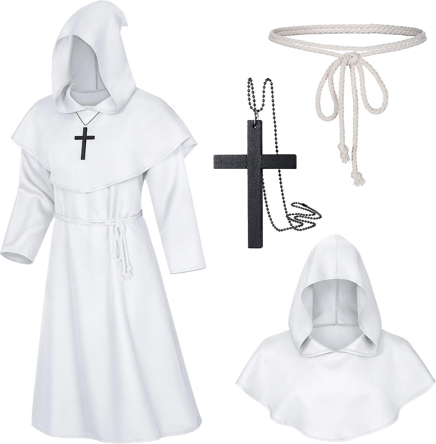 Maromalife Revengers Medieval Renaissance Monk Friar Priest Wizard Cloak Hooded Robe Cosplay Belt Necklace Set White Medium