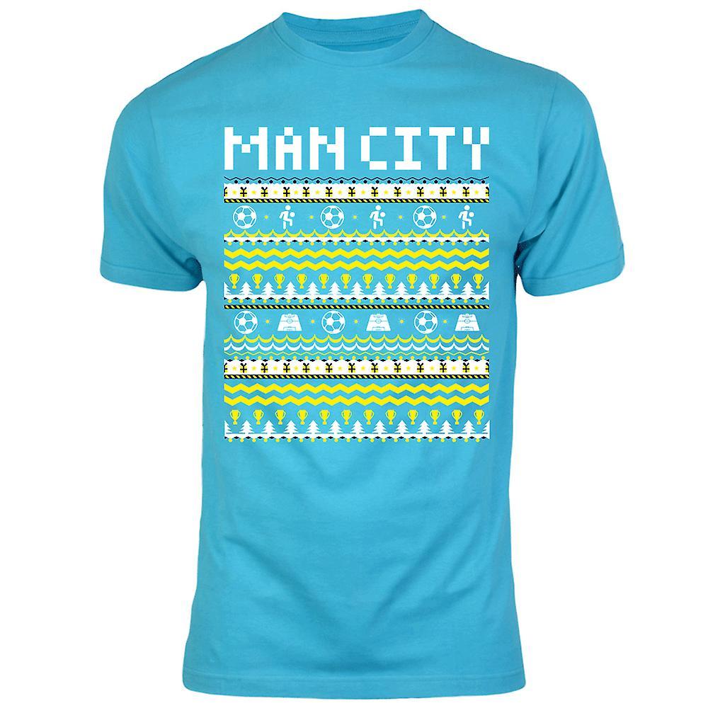 Gildan Man City Christmas T-Shirt (Sky Blue) Womens L (Size 14 - 36 inch Chest)