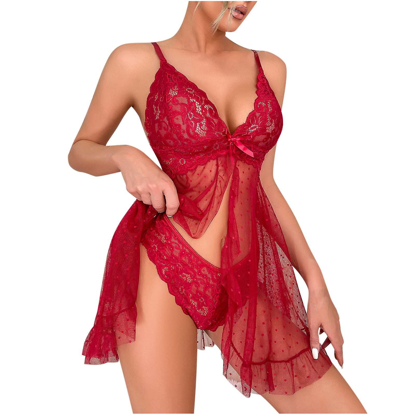 Womens Lingerie Sexy Women Lingerie Lace Mesh Cami Dress Temptation Underwear Sleepwear Nightdress Red M