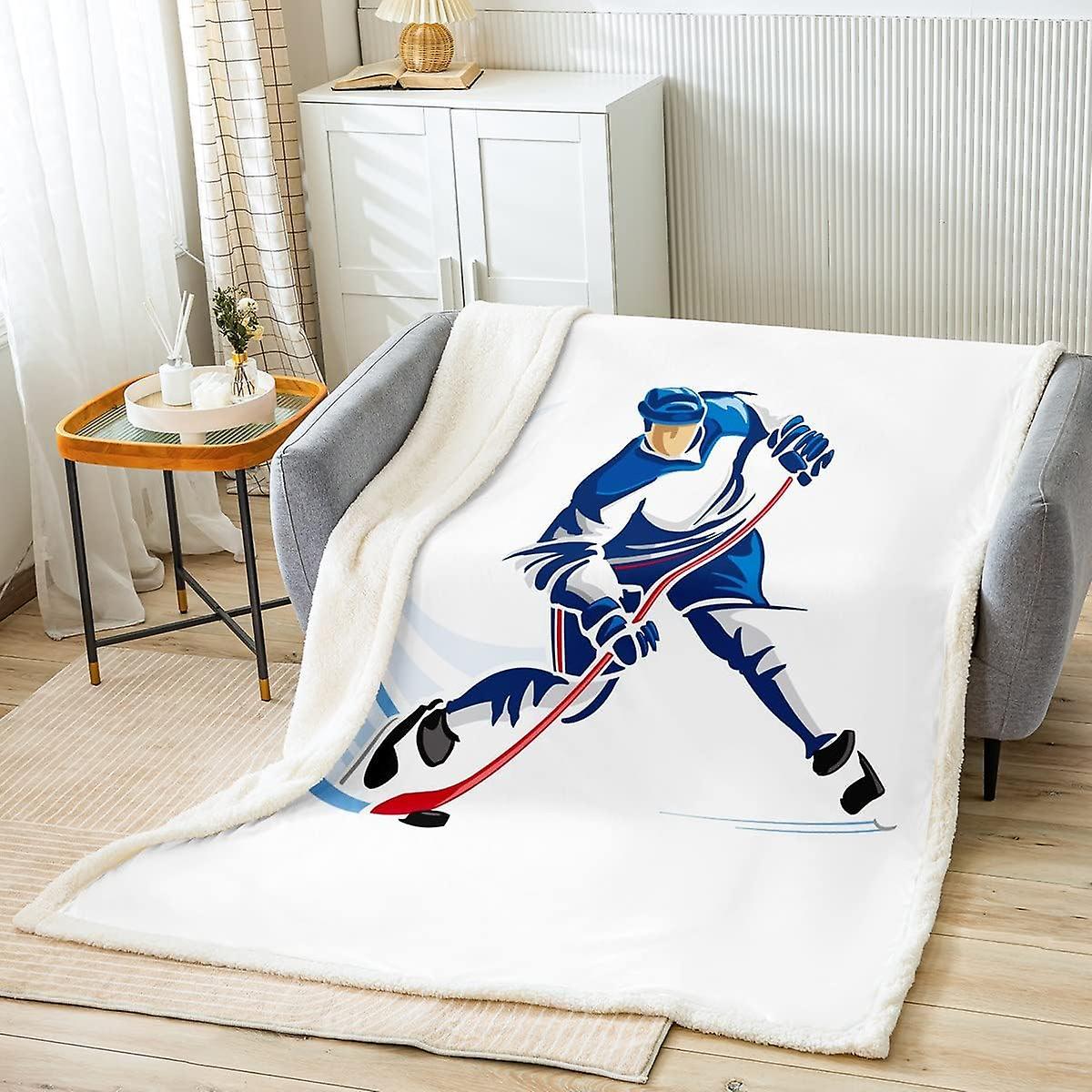 Kerota Ice Sports Game Sherpa Blanket for Bed Sofa Ice Hockey Plush Blanket Hockey Player Fleece Throw Blanket Winter Sports Bedroom Blue Puck Hock...