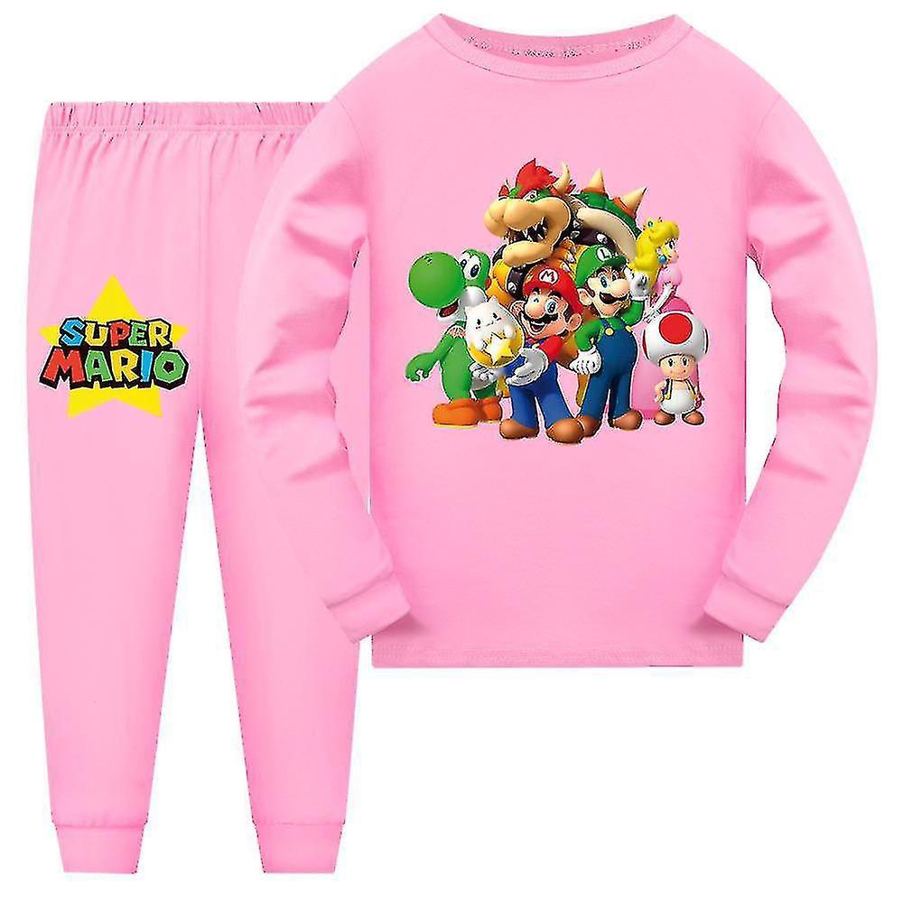 Otwoo 7-14 Years Kids Boys Girls Super Mario Pyjamas Long Sleeve T-shirt Pants Sleepwear Pjs Set Outfits Gifts Pink 13-14Years