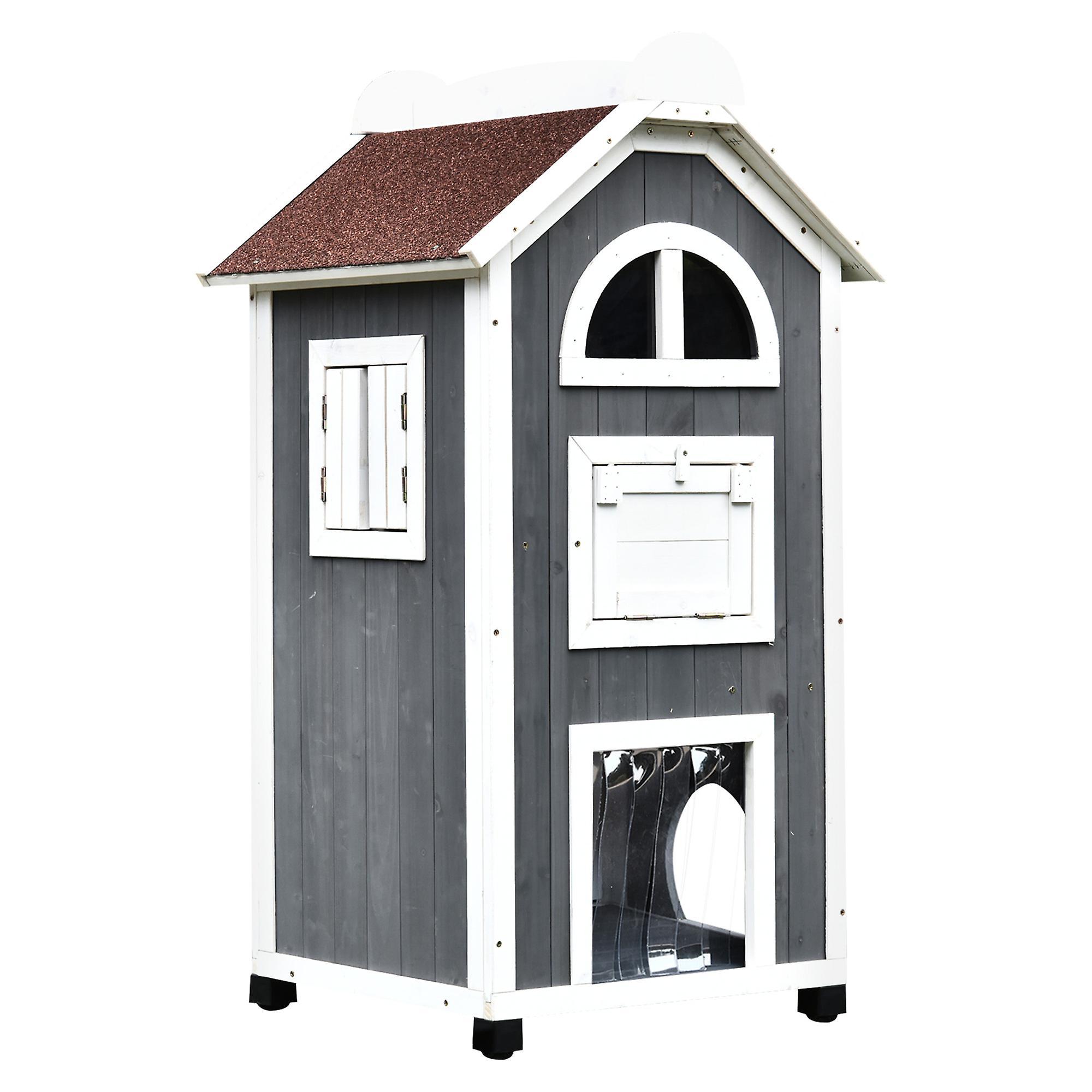 Solid Wood Cat Furniture 2-Floor Pet Shelter, Grey and White, 109H cm