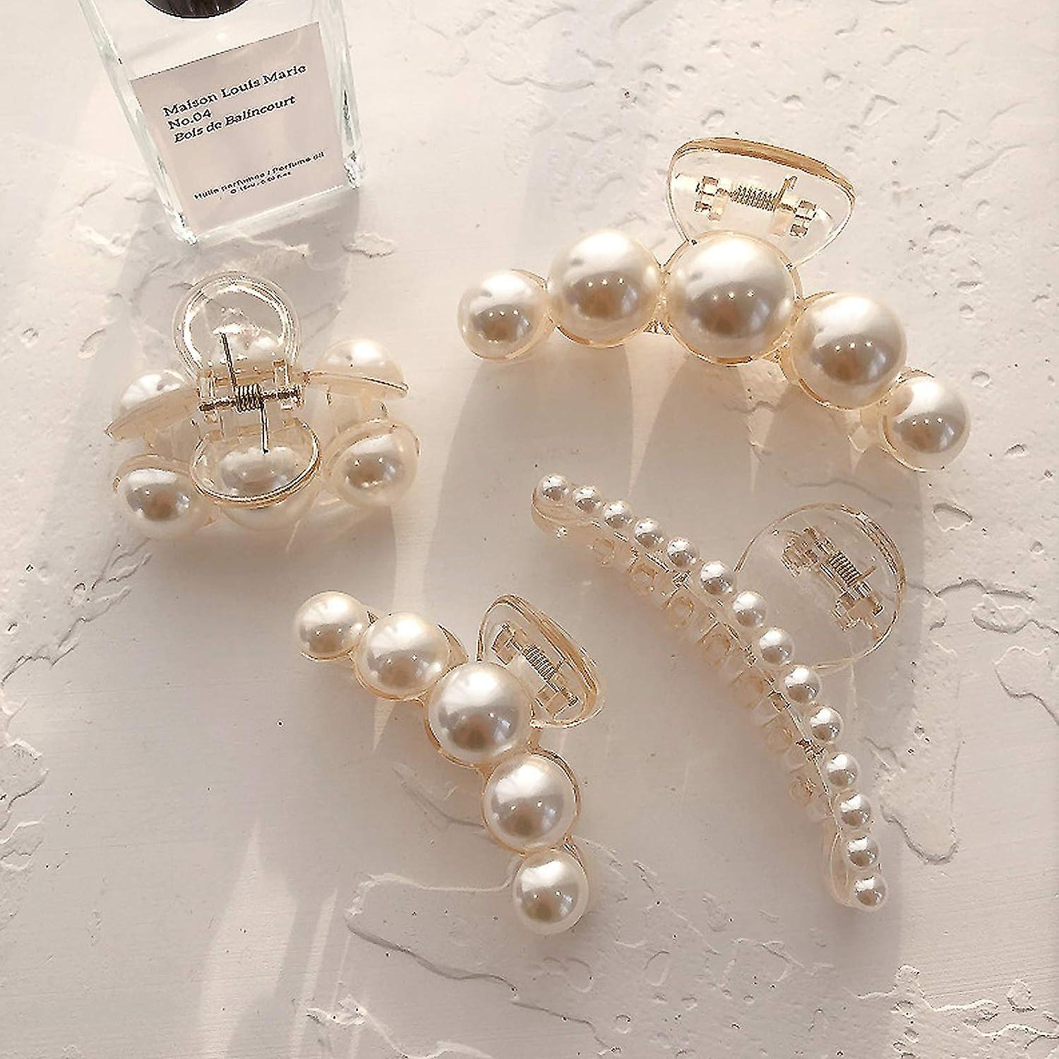 Pearl Hair Scratch Hair Claw Clips For Thick Hair, Pearl Hair Clips Plastic Nonslip Jumbo Hair Clips Strong Hold Hair Jaw Clips Big Hair Clips Kore...